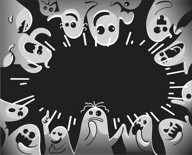 Vetor grupo de fantasmas de aparição de fantasmas monocromáticos apontando para uma maquete ou folha de fantasma engraçada para o dia das bruxas