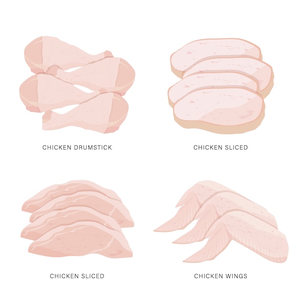 Vetor grupo de fatia crua da galinha e de bifes isolados em um fundo branco. ilustração dos desenhos animados