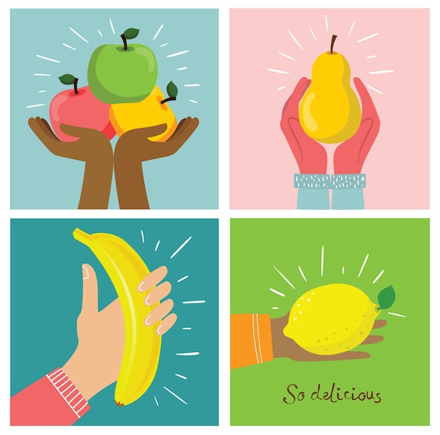 Grupo de frutas frescas com as mãos. conceito de dieta. ilustrações vetoriais em estilo plano