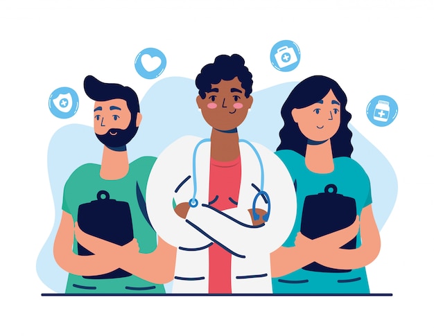 Grupo de funcionários de médicos com ícones médicos