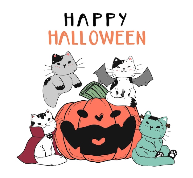 Grupo de gangue de amigo gato bonito em fantasia de halloween com elemento de arte de doodle de abóbora almejado sorriso para adesivo, planejador, cartão de felicitações, arte de parede nuresery para impressão,