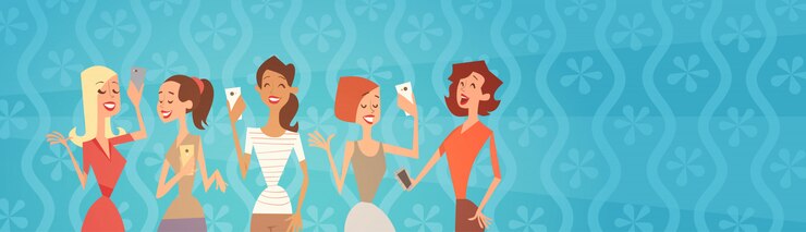 Vetor grupo de garota tirando foto de selfie na célula telefone inteligente cartoon jovem sorrindo
