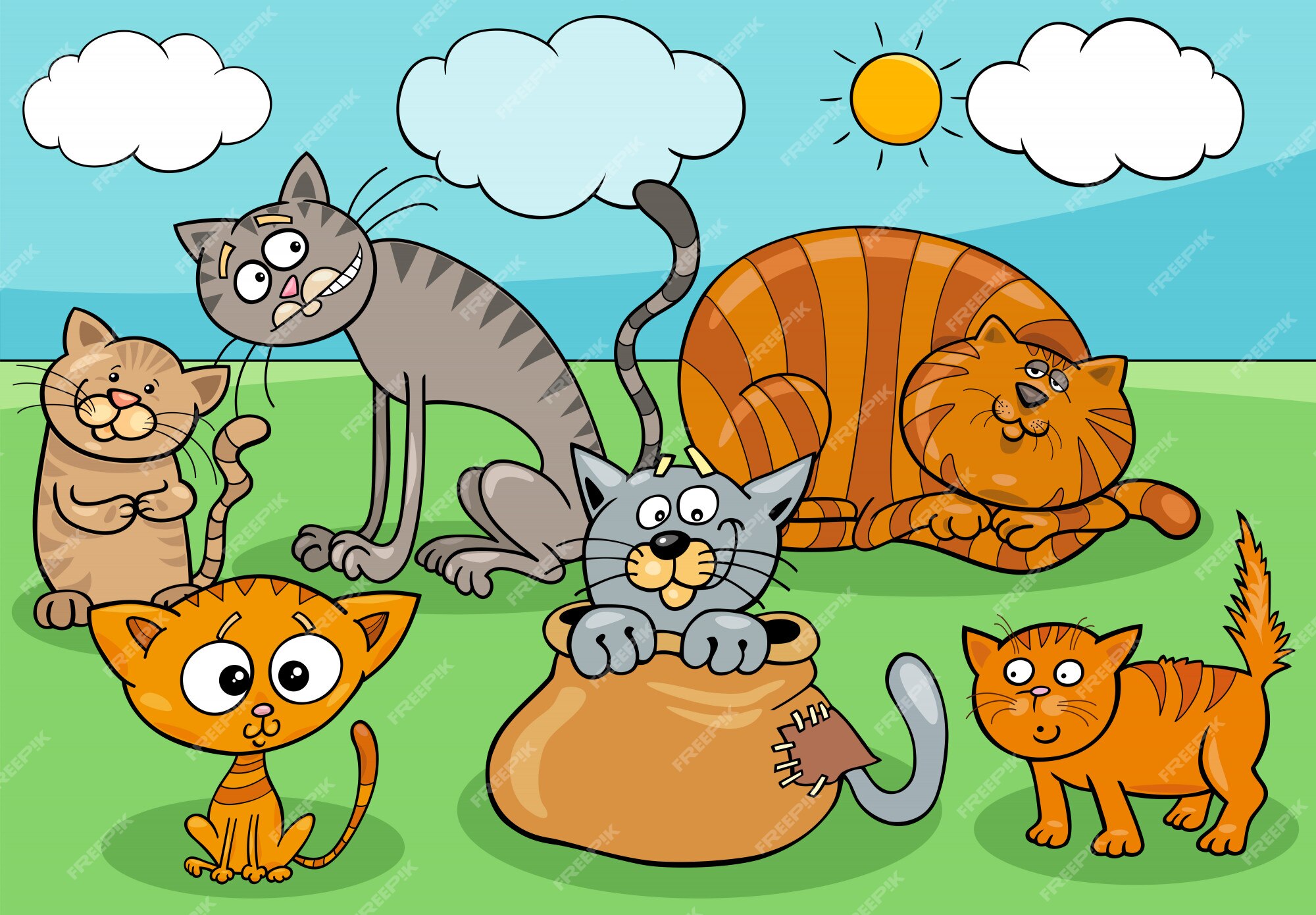 Grupo De Gatos Na Ilustração De Desenho Animado No Parque Ilustração do  Vetor - Ilustração de doméstico, exterior: 169212171