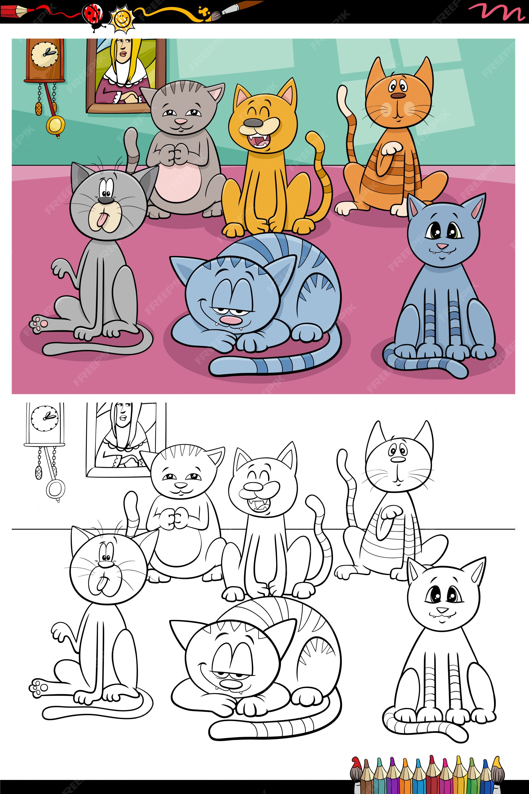 Desenho em preto e branco de um grupo de gatos para colorir e