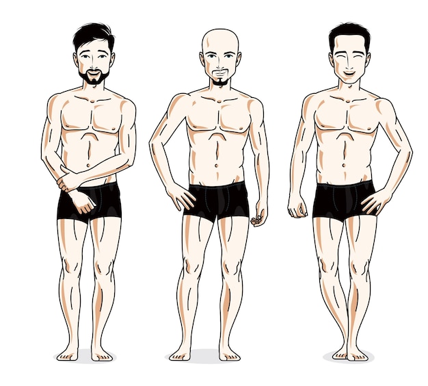 Grupo de homens bonitos confiantes em pé na cueca preta. conjunto de ilustrações de pessoas de diversidade vetorial.