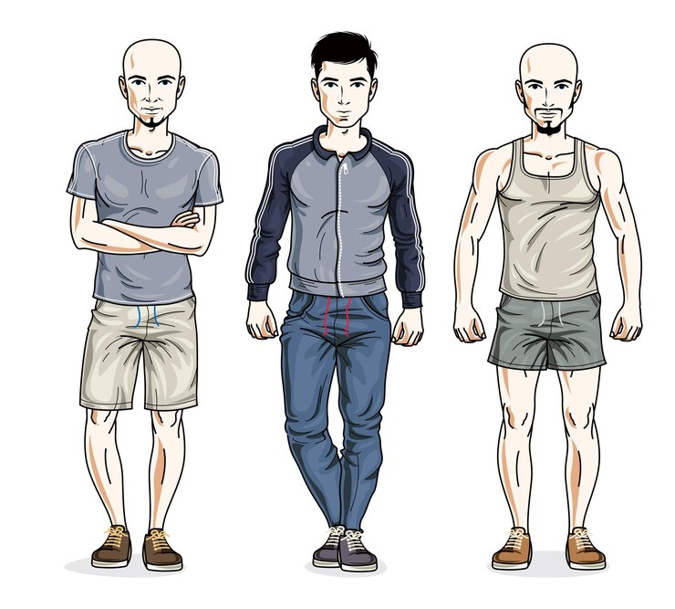 Vetor grupo de homens bonitos confiantes vestindo roupas esportivas elegantes. conjunto de ilustrações de pessoas vetoriais. personagens masculinos do tema estilo de vida.