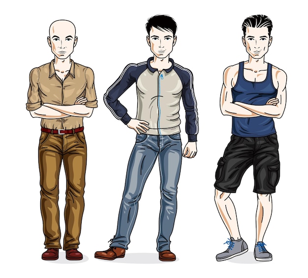 Vetor grupo de homens bonitos em pé vestindo roupas casuais. conjunto vetorial de ilustrações de pessoas bonitas.