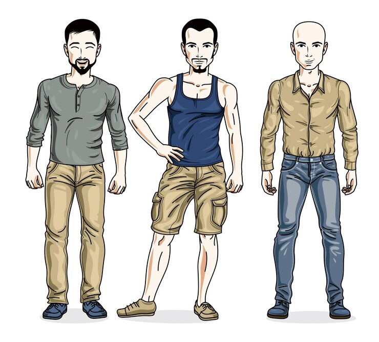Vetor grupo de homens bonitos em pé vestindo roupas casuais. conjunto vetorial de ilustrações de pessoas bonitas.