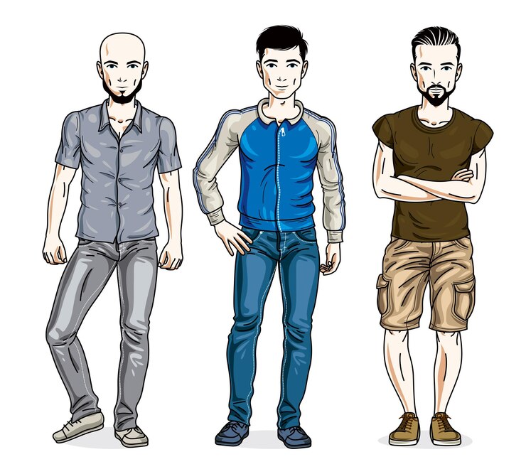 Vetor grupo de homens bonitos em pé vestindo roupas casuais. conjunto vetorial de ilustrações de pessoas bonitas.