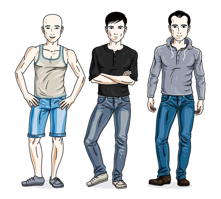 Vetor grupo de homens bonitos em pé vestindo roupas casuais da moda. conjunto vetorial de ilustrações de pessoas bonitas.