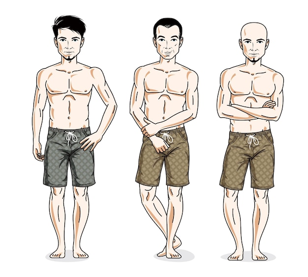 Vetor grupo de homens bonitos em pé vestindo shorts de praia. conjunto de caracteres de pessoas diferentes do vetor. personagens masculinos do tema estilo de vida.