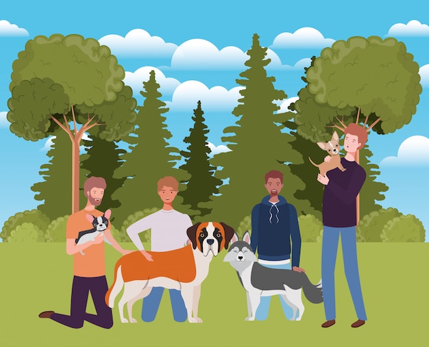 Grupo de homens com mascotes cachorros fofos no acampamento