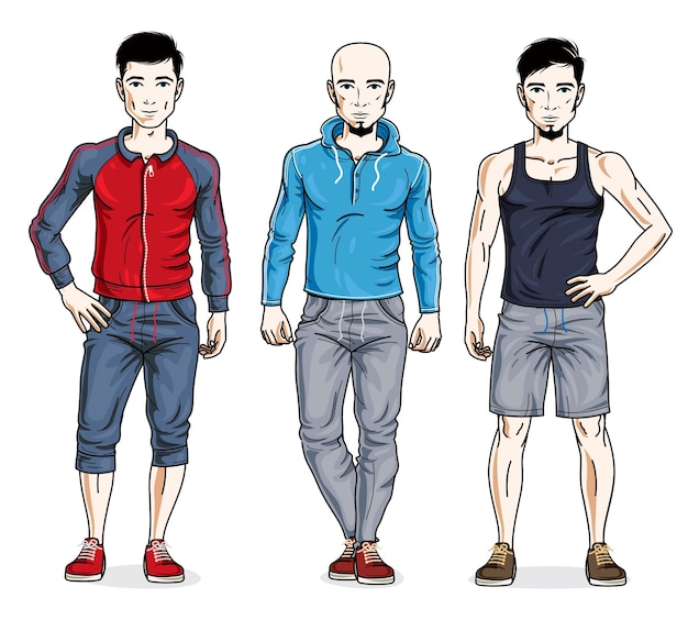 Grupo de homens felizes em pé vestindo roupas esportivas elegantes. conjunto de ilustrações vetoriais de diversas pessoas. personagens masculinos do tema estilo de vida.