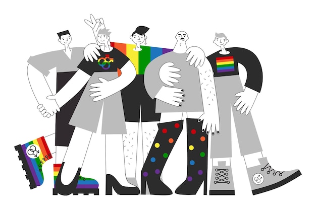 Vetor grupo de homens homossexuais gays na cor cinza com arco-íris para o mês do orgulho