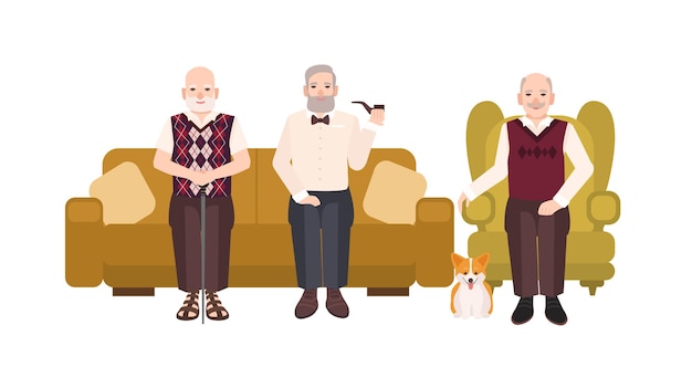 Grupo de homens idosos sorridentes vestidos com roupas casuais, sentados no sofá confortável e uma poltrona confortável. personagens de desenhos animados masculinos antigos repousando juntos. ilustração vetorial colorida em estilo simples.