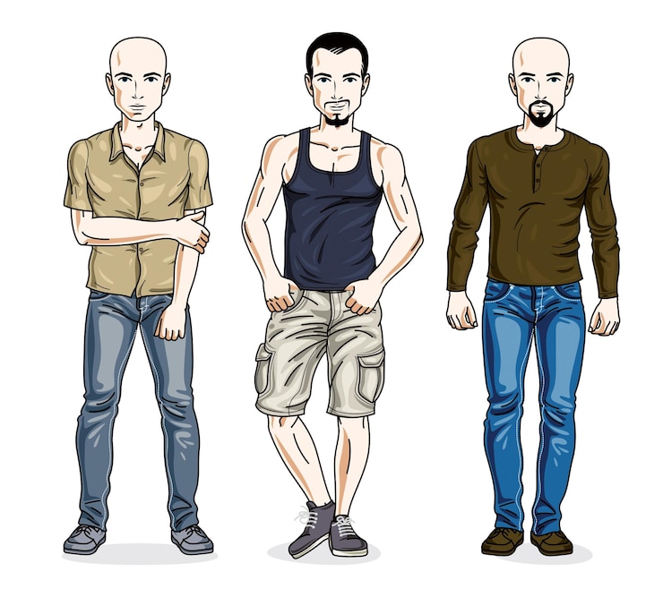 Vetor grupo de jovens bonitos em pé vestindo roupas casuais. conjunto de ilustrações vetoriais de pessoas.