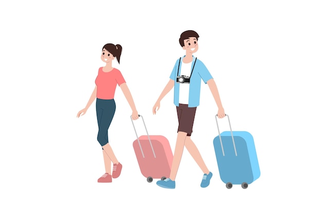 Grupo de jovens personagens turísticos. Turistas viajando com mochila de viagem saindo de férias depois que o vírus covid-19 diminuiu. Vetor isolado de pessoas de férias. Personagem de verão, mulher e homem.
