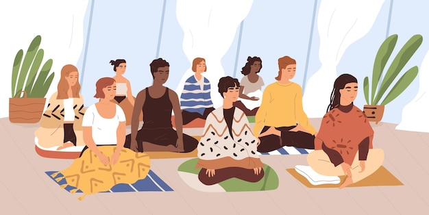 Vetor grupo de jovens sentadas em colchonetes, meditando e realizando exercícios de controle da respiração. retiro de yoga, prática espiritual e meditação. classe feminina. ilustração em vetor plana colorida dos desenhos animados.