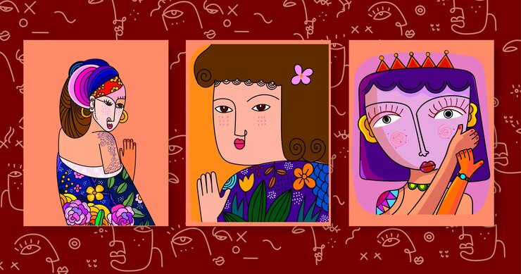 Vetor grupo de linhas abstratas desenhando linhas de retrato facial e rabiscando coloridas impressões de arte vetorial desenhadas à mão.