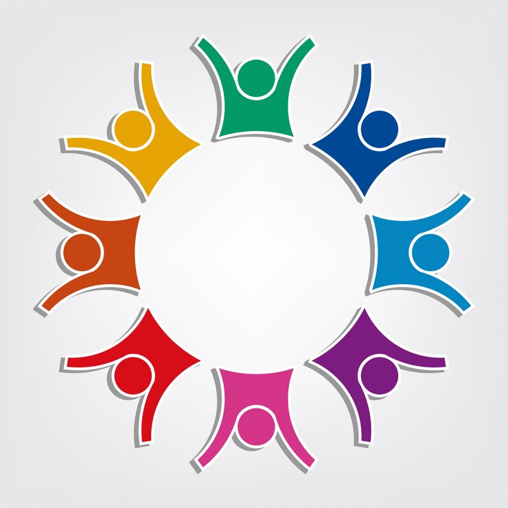 Grupo de logotipo de oito pessoas em um círculo. Pessoas segurando o trabalho em equipe
