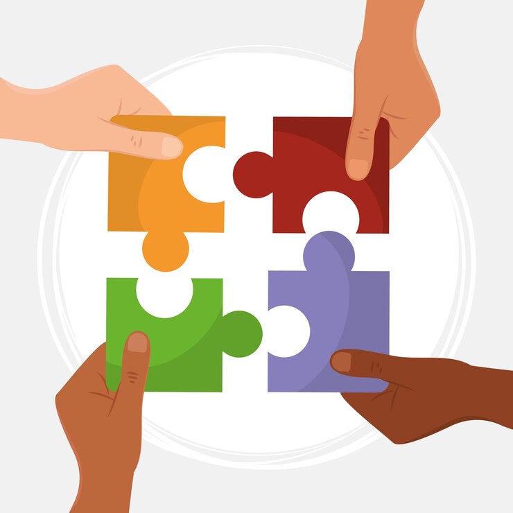 Vetor grupo de mãos segurando peças de um quebra-cabeça conceito de trabalho em equipe de negócios ilustração vetorial