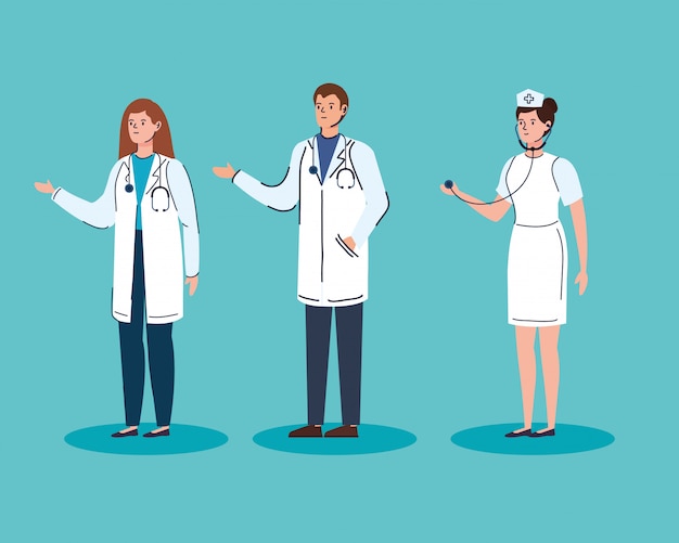 Grupo de médicos e personagens de avatar de enfermeira