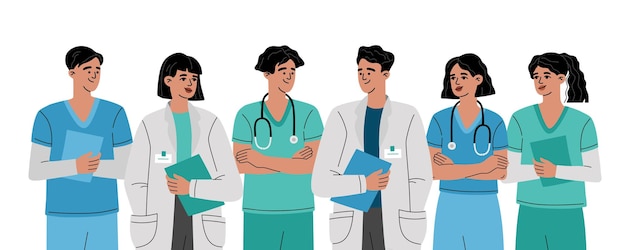 Grupo de médicos, enfermeiras e equipe médica em branco