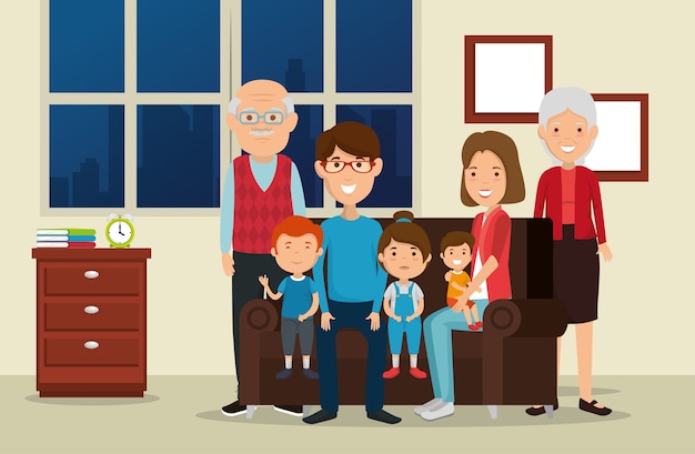 grupo de membros da família na sala de estar