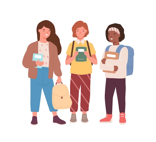 Vetor grupo de meninas adoráveis de diversos colegas de pé juntos ilustração plana vetorial. amigos de alunas felizes sorrindo segurando livros e mochilas isoladas em branco. filhos alegres companheiro.