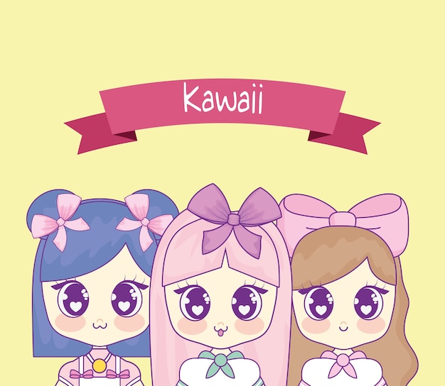 Vetor grupo de meninas cute kawaii com fita