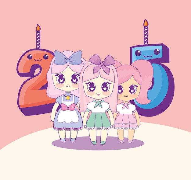 Vetor grupo de meninas cute kawaii com números velas