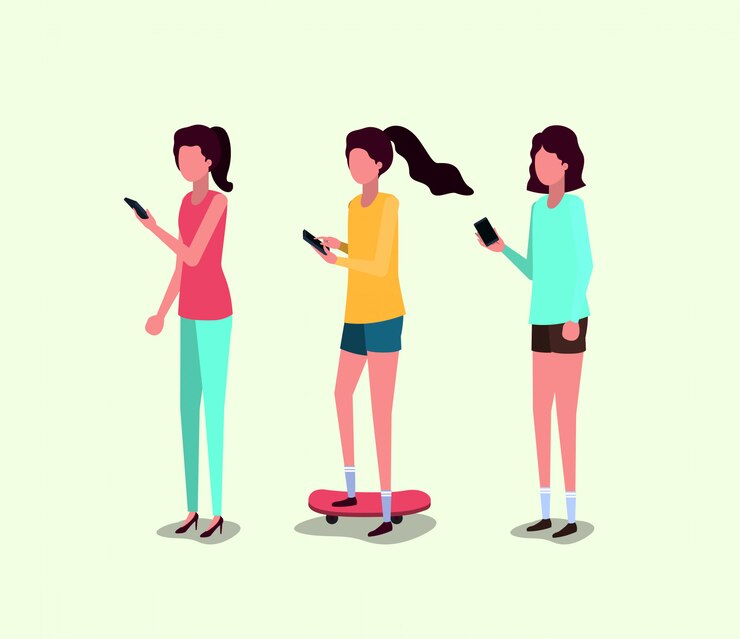 Vetor grupo de meninas usando smartphone
