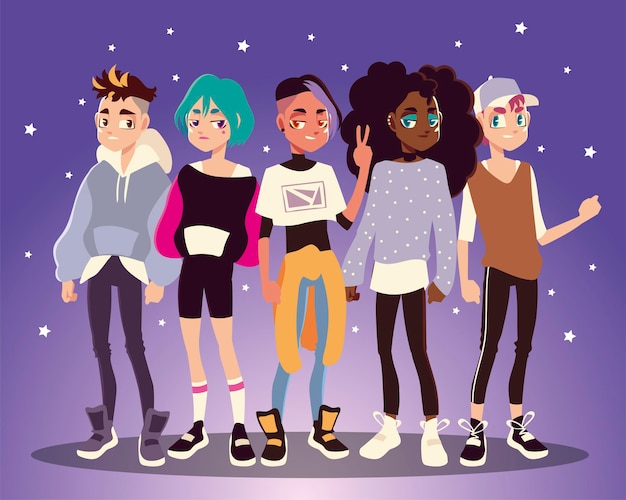 Vetor grupo de meninos e meninas com roupas da moda, ilustração da cultura jovem