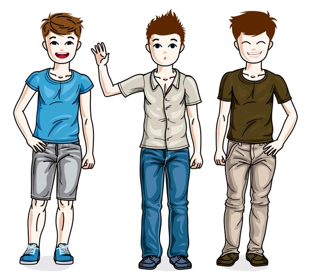 Vetor grupo de meninos lindo jovem adolescente posando vestindo roupas da moda casuais. conjunto de ilustrações de crianças de diversidade vetorial. desenhos animados de estilo de vida infantil e familiar.