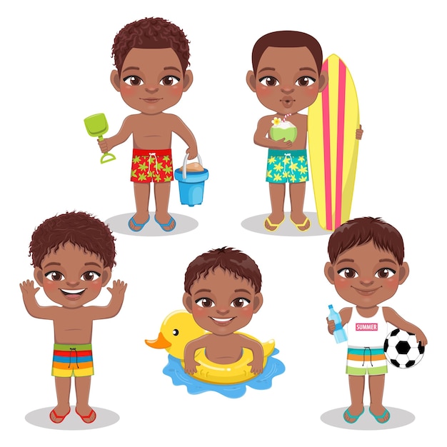 Grupo de meninos negros brincando na praia nas férias de verão em vetor de fundo branco