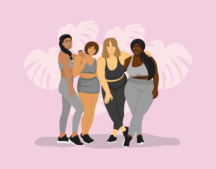 Vetor grupo de mulheres de diferentes nacionalidades em roupas esportivas aceitação positiva do corpo e diversidade de beleza etnia modelos de meninas gordas felizes em estúdio fotográfico em fundo rosa ilustração vetorial plana