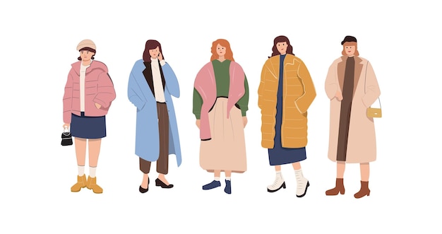 Grupo de mulheres elegantes vestindo roupas de outono inverno jovens personagens femininas em pose moderna