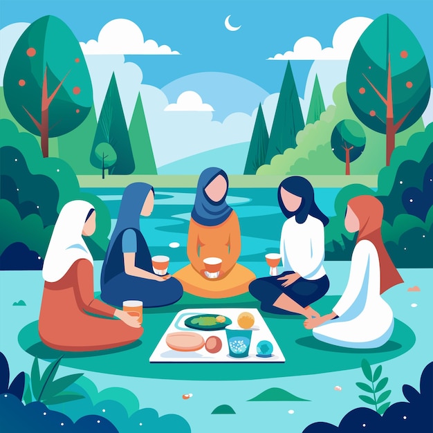 Grupo de mulheres muçulmanas desfrutando de um piquenique juntas em uma mesa ao lado do lago um grupo de meninas muçulmanas fazendo um pique-nique ao lado do lago ilustração vetorial plana simples e minimalista