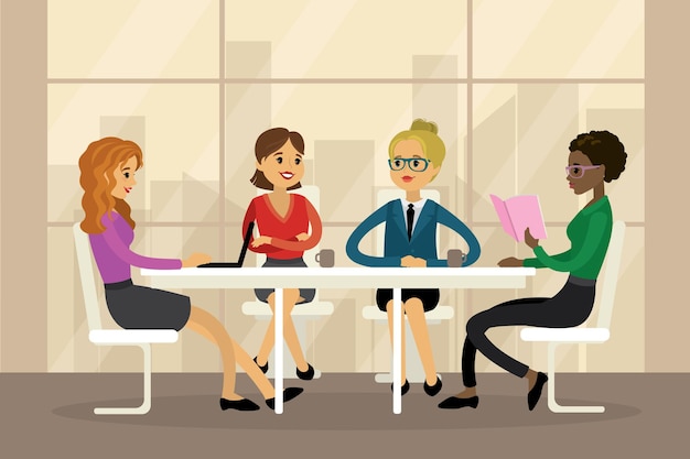 Grupo de mulheres multiculturais sentadas em um café beleza personagens femininos ilustração vetorial