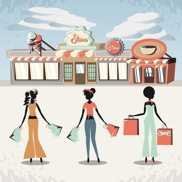 Vetor grupo de mulheres no design de ilustração vetorial retrô de estilo de dia de compras