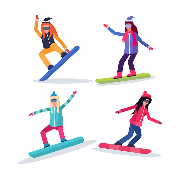 Grupo de mulheres snowboard
