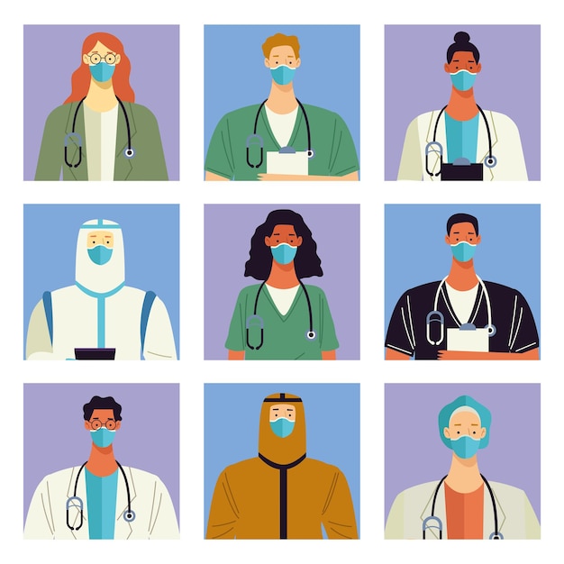 grupo de nove personagens médicos da equipe médica