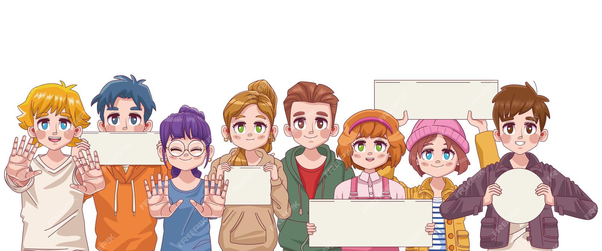 Grupo De Caráteres Bonitos Do Anime Meninas E Meninos Dos Desenhos