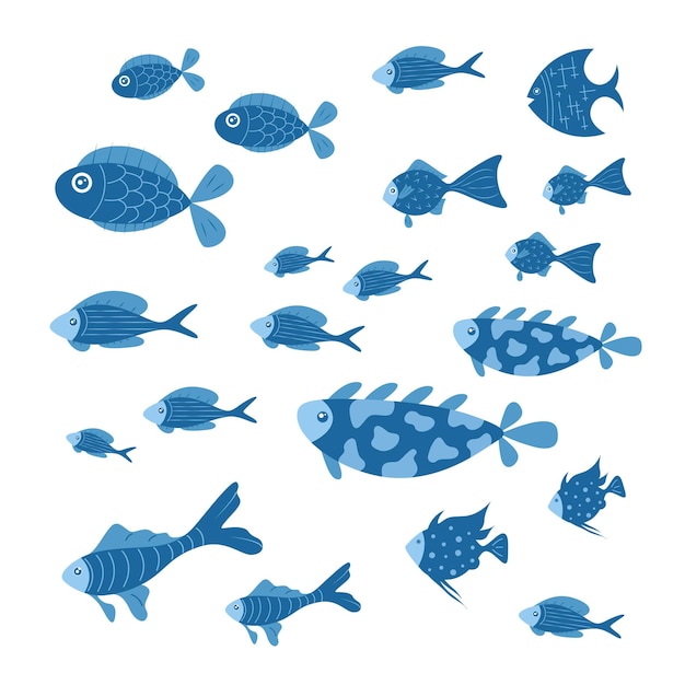 Vetor grupo de peixes do mar azul um cardume de peixes desenhado à mão conjunto de peixes marinhos grandes e pequenos personagens náuticos de desenhos animados são isolados em um fundo branco ilustração vetorial de ambiente subaquático