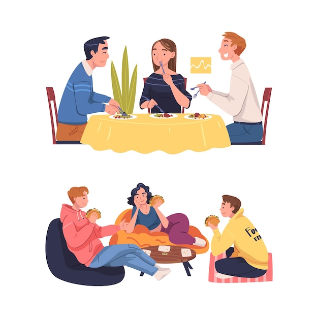 Grupo de personagens amigos comendo comida em casa sentados à mesa e falando conjunto de vetores