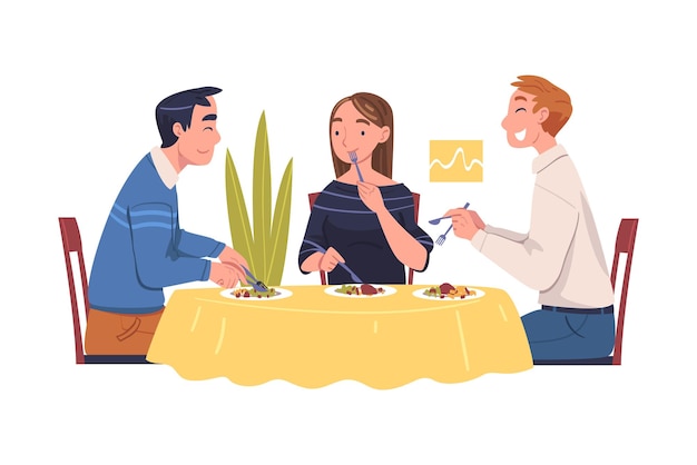 Grupo de personagens amigos comendo comida em casa sentados à mesa Ilustração vetorial