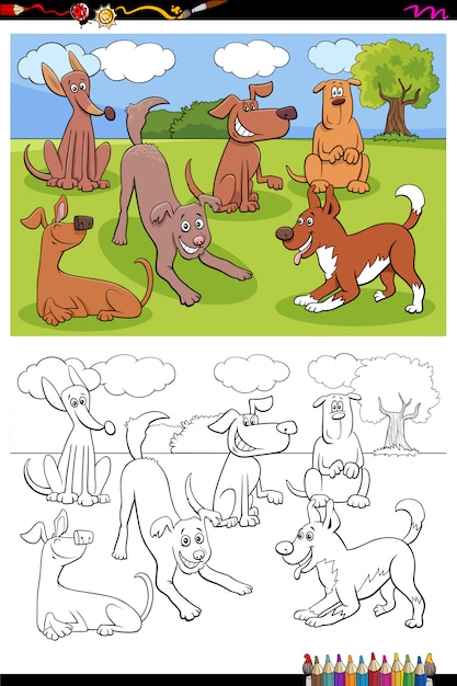 Grupo de personagens animais cães página para colorir livro