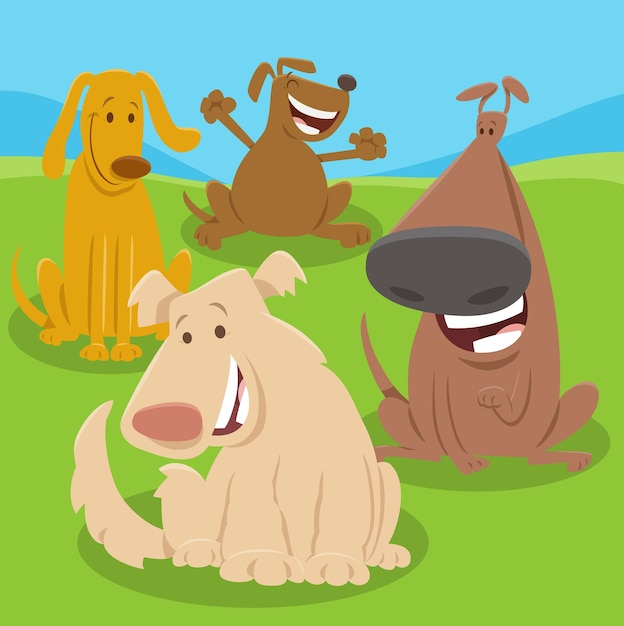 Grupo de personagens animais de cães e filhotes de desenho animado feliz