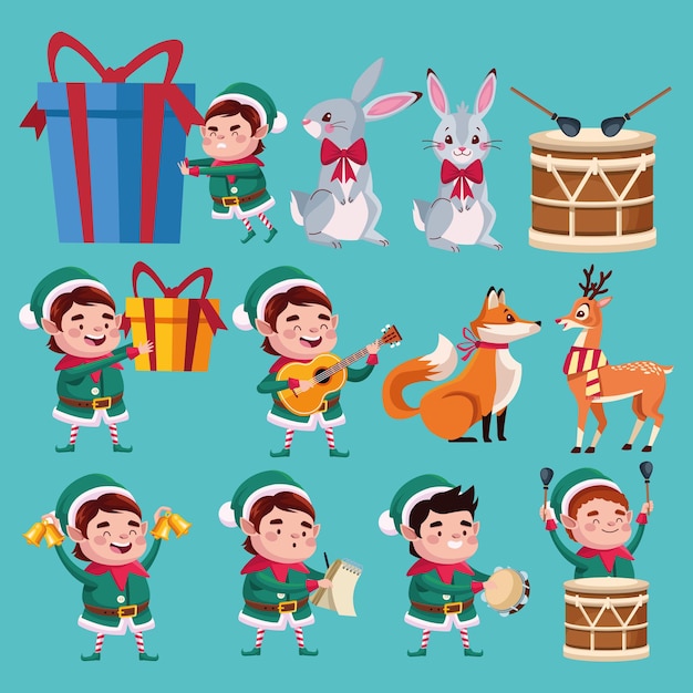 Grupo de personagens de ajudantes de papai noel com ilustração de animais e instrumentos