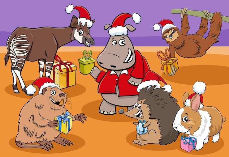 Vetor grupo de personagens de animais de desenho animado com presentes de natal
